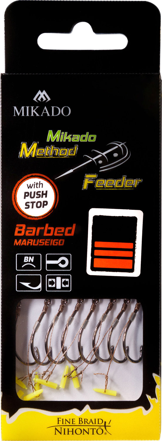 Mikado-PRZYPON-METHOD-FEEDER-Z-PUSH-STOPEM-hak-z-zadziorem-nr-10-plecionka-0.12mm10cm-op.8szt-2