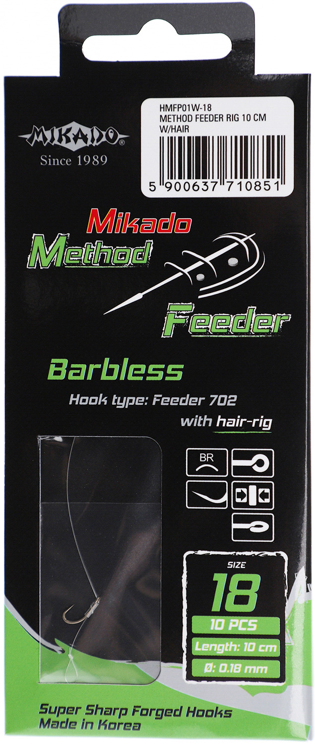 Mikado-PRZYPON-METHOD-FEEDER-Z-WLOSEM-hak-bezzadziorowy-nr-16-zylka-0.20mm10cm-op.8szt-2